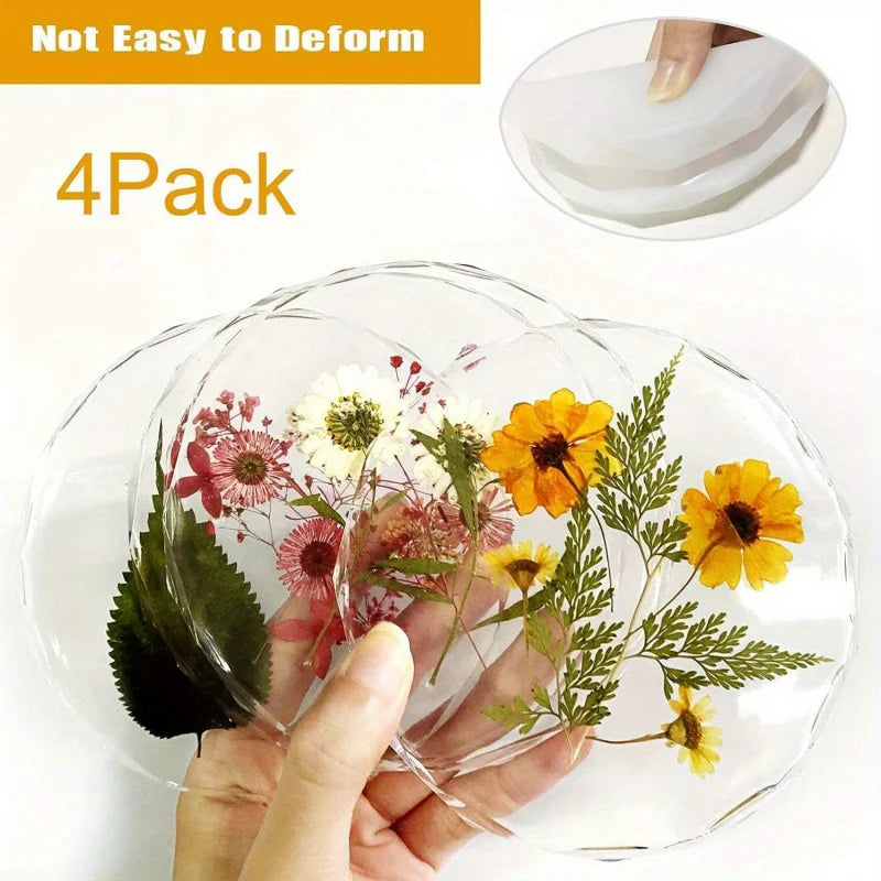 4-Pack Resin Coaster Molds – Crystal Edge & Round Geometric Silicone Molds for Epoxy Resin Casting, DIY Craft Supplies